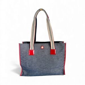 Burberry London Denim Tote Bag | Red Leather Trim | Large Shoulder Tote | COA